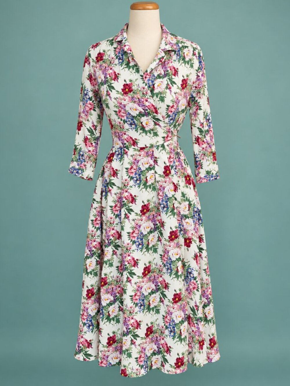 MANGO Floral Wrap Midi Dress Pleated 3/4 Sleeve Size S HTF